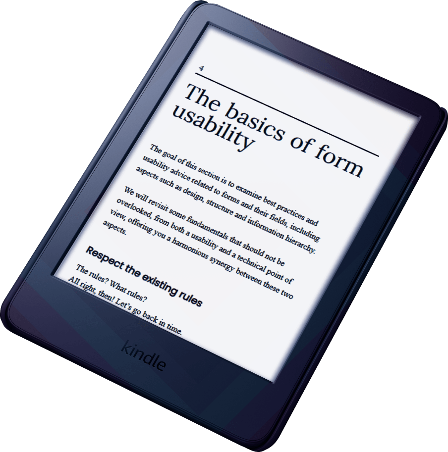 Geoffrey's book on web forms in a Kindle reader, displaying the chapter on the ergonomic basics of a form